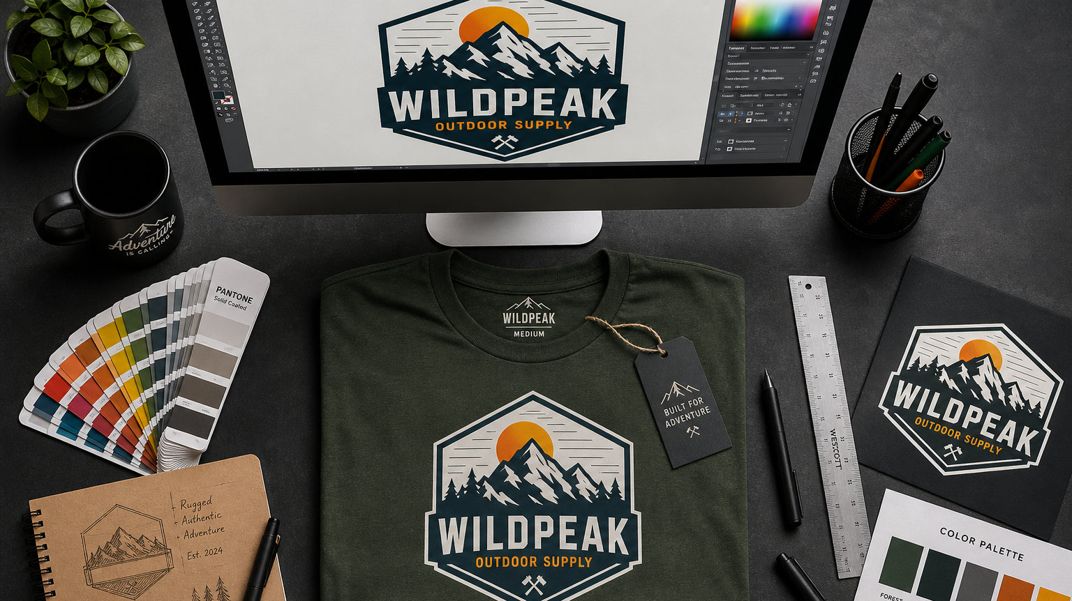 Designer workspace with vector artwork and printed t-shirt sample