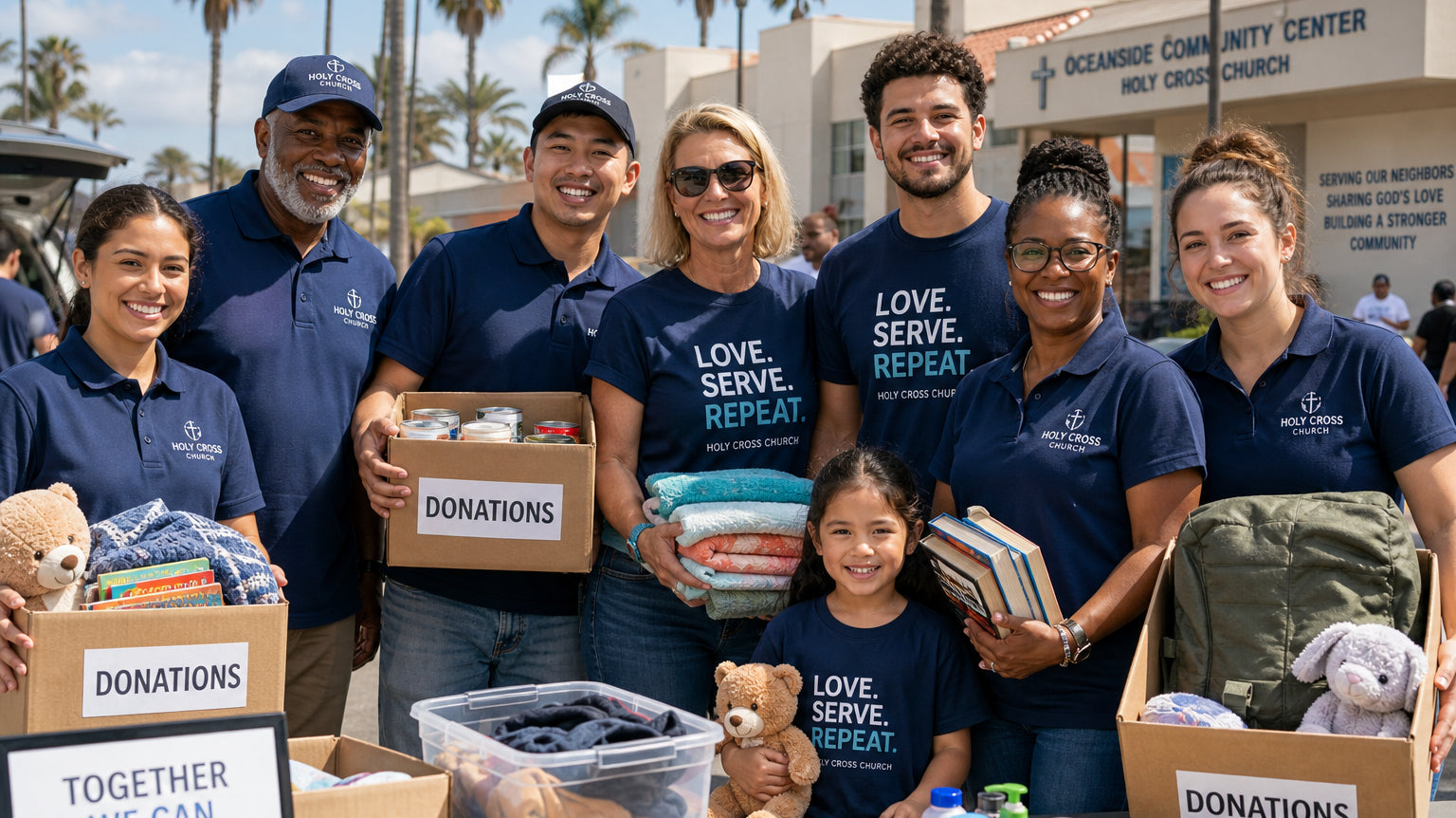 Church and nonprofit volunteers wearing custom branded apparel in Orange County
