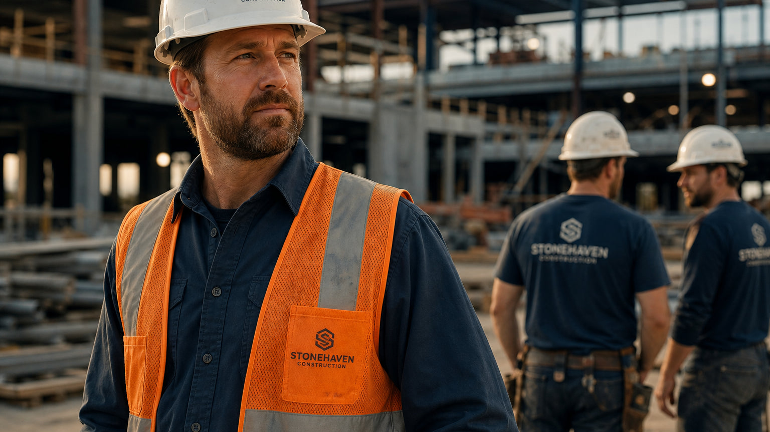 Custom embroidered construction workwear and hi-vis vests for trades companies in Orange County