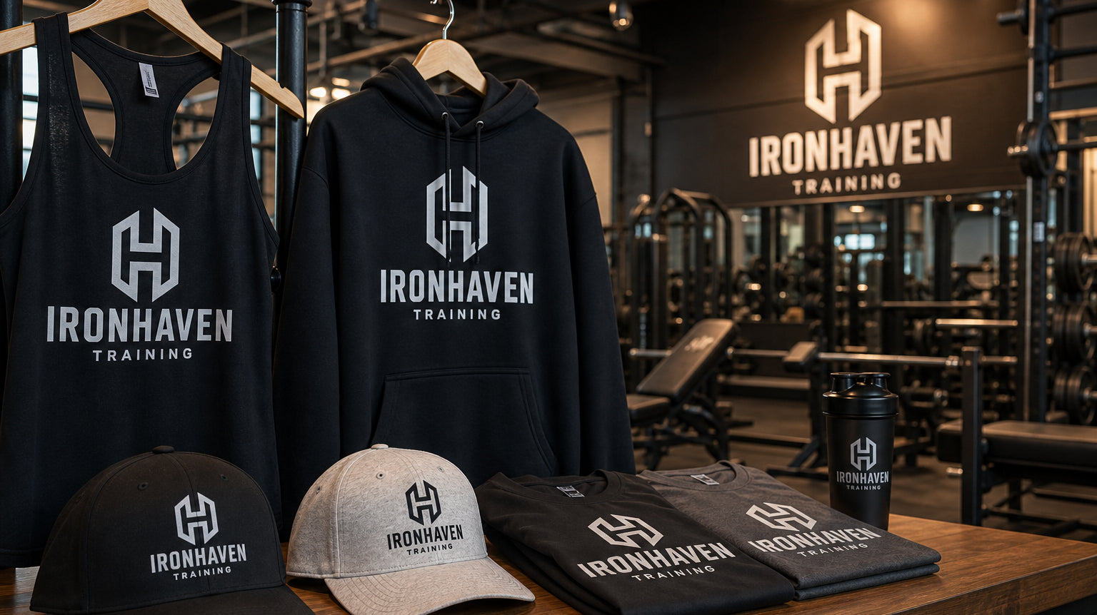 Custom branded gym apparel — tanks, hoodies and embroidered caps for fitness studios in Orange County