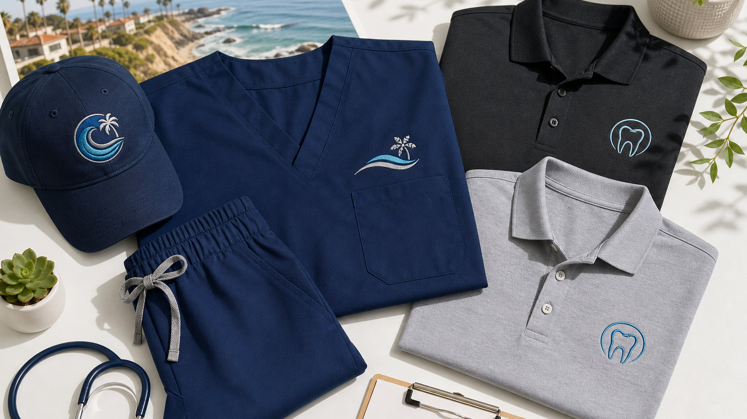 Custom embroidered healthcare uniforms and medical scrubs for Orange County clinics