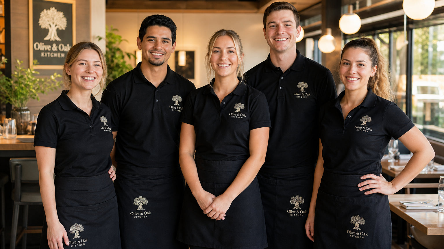 Restaurant team wearing custom embroidered polo shirts and branded aprons