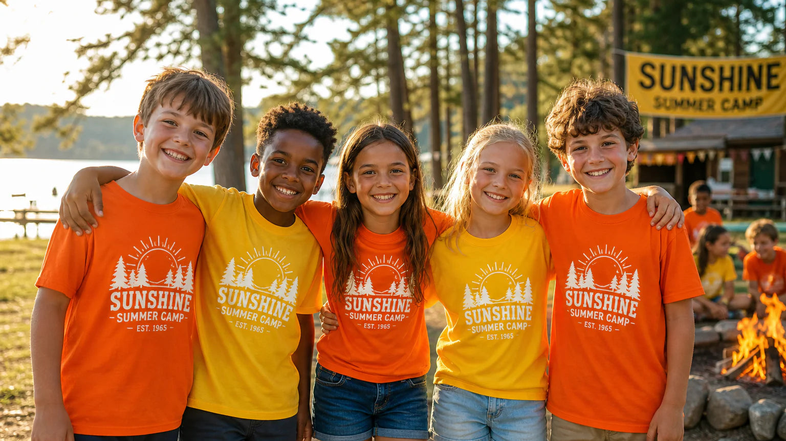Kids wearing custom summer camp t-shirts in Orange County