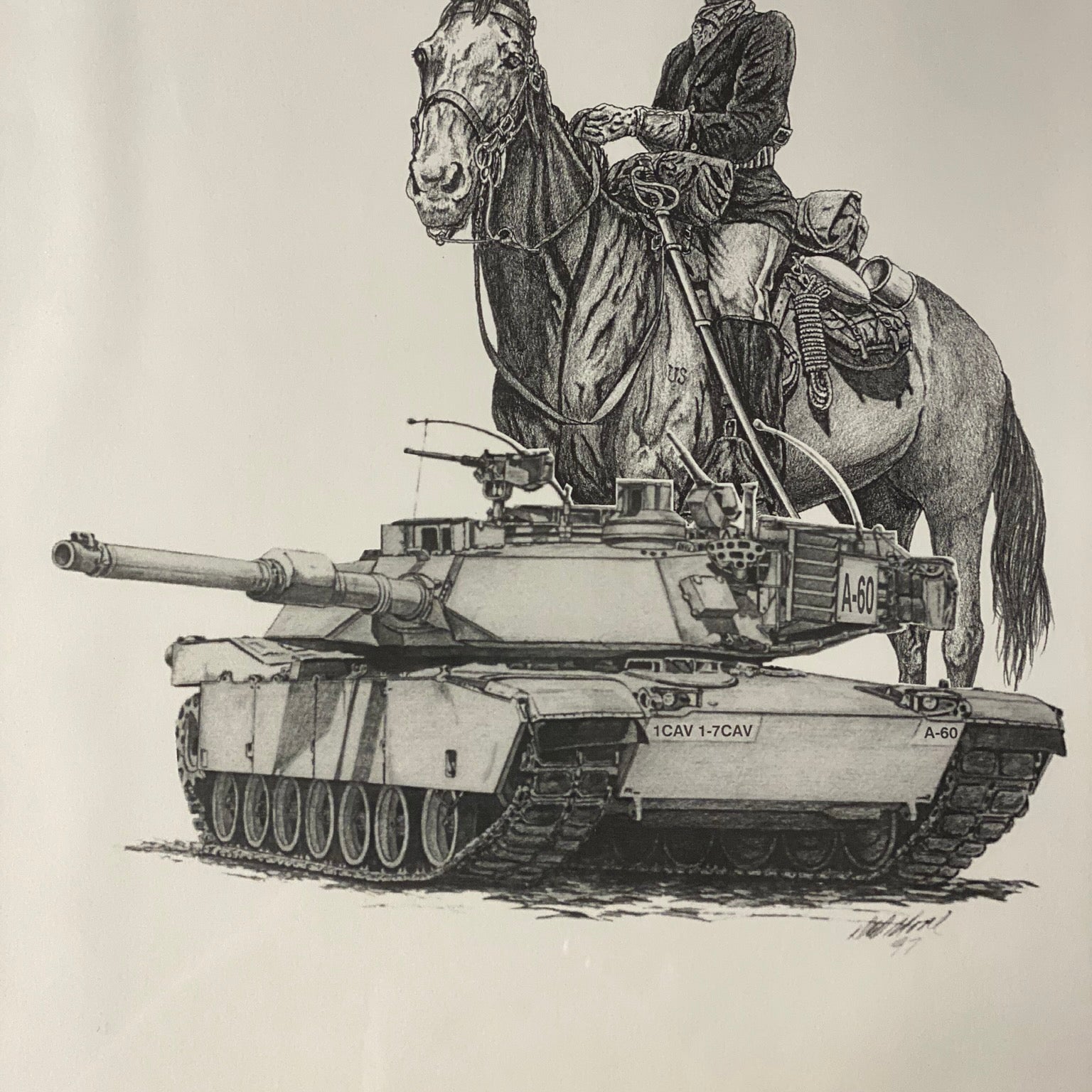 Illustration of a tank with a horse and rider on top, labeled 'Spc Conrad Barrera'.