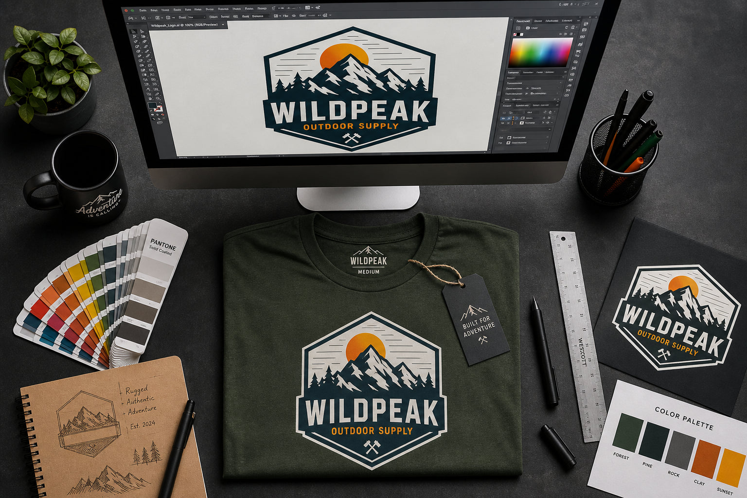 Designer workspace with vector artwork and printed t-shirt sample