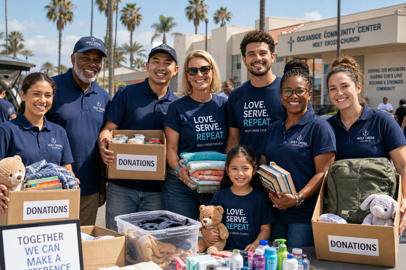 Church and nonprofit volunteers wearing custom branded apparel in Orange County