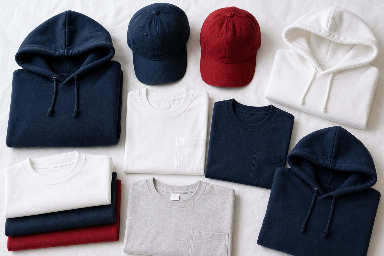 Custom screen-printed and embroidered garments neatly folded ready for care