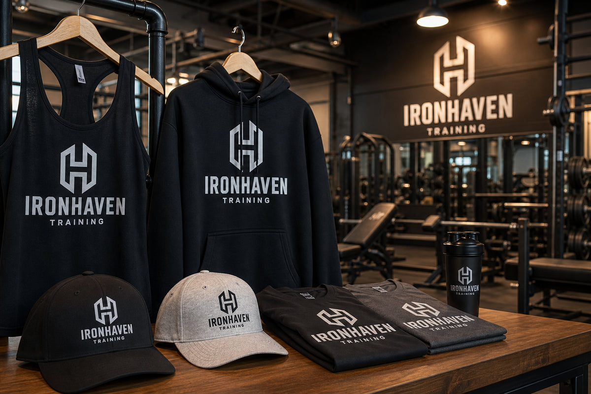 Custom branded gym apparel — tanks, hoodies and embroidered caps for fitness studios in Orange County
