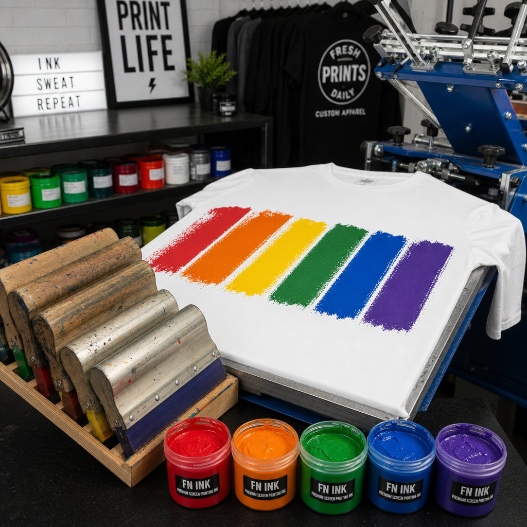 Screen printing ink color swatches and custom apparel process at The Printing Needle in Orange County