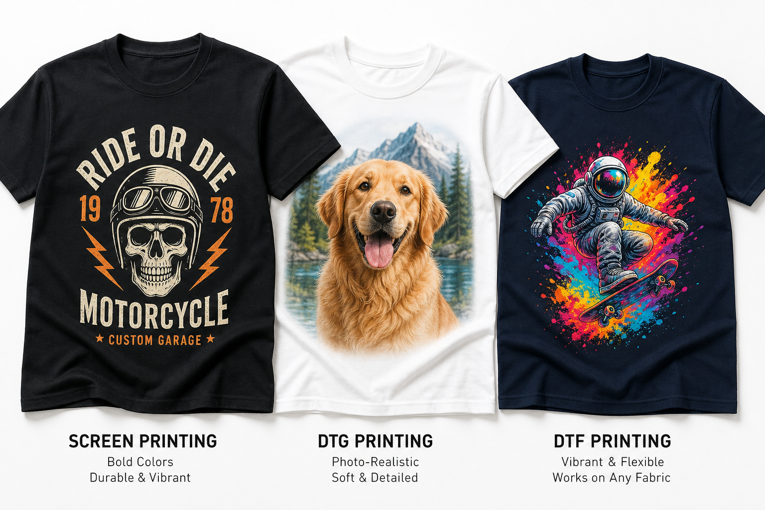 Screen printing vs DTG vs DTF comparison