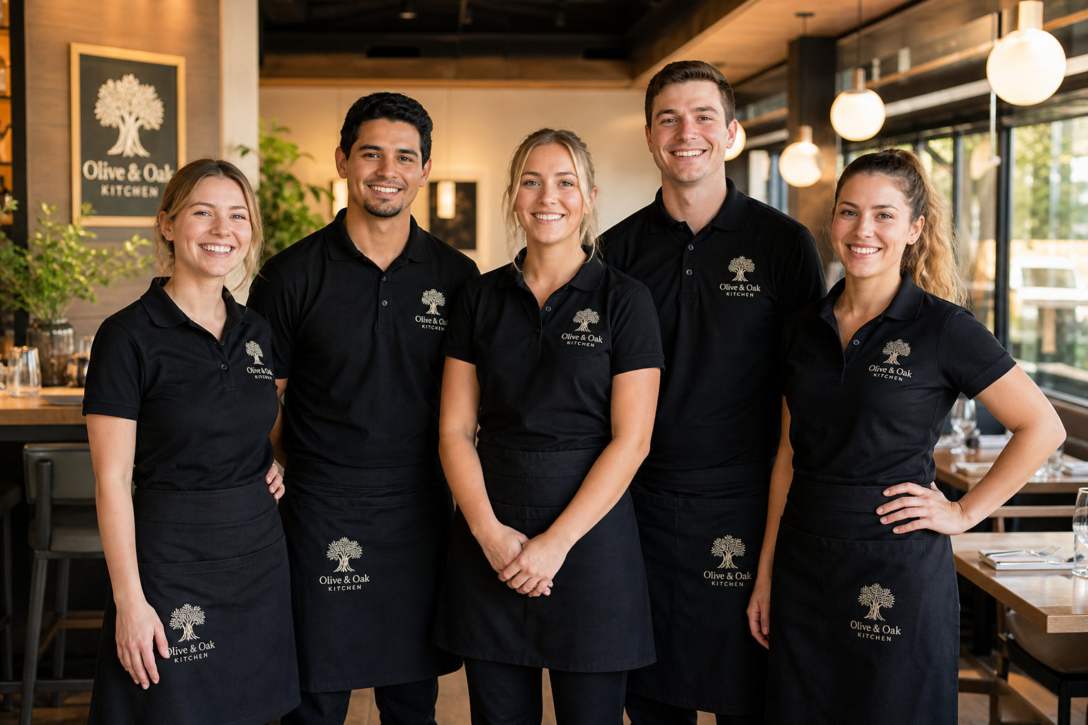 Restaurant team wearing custom embroidered polo shirts and branded aprons
