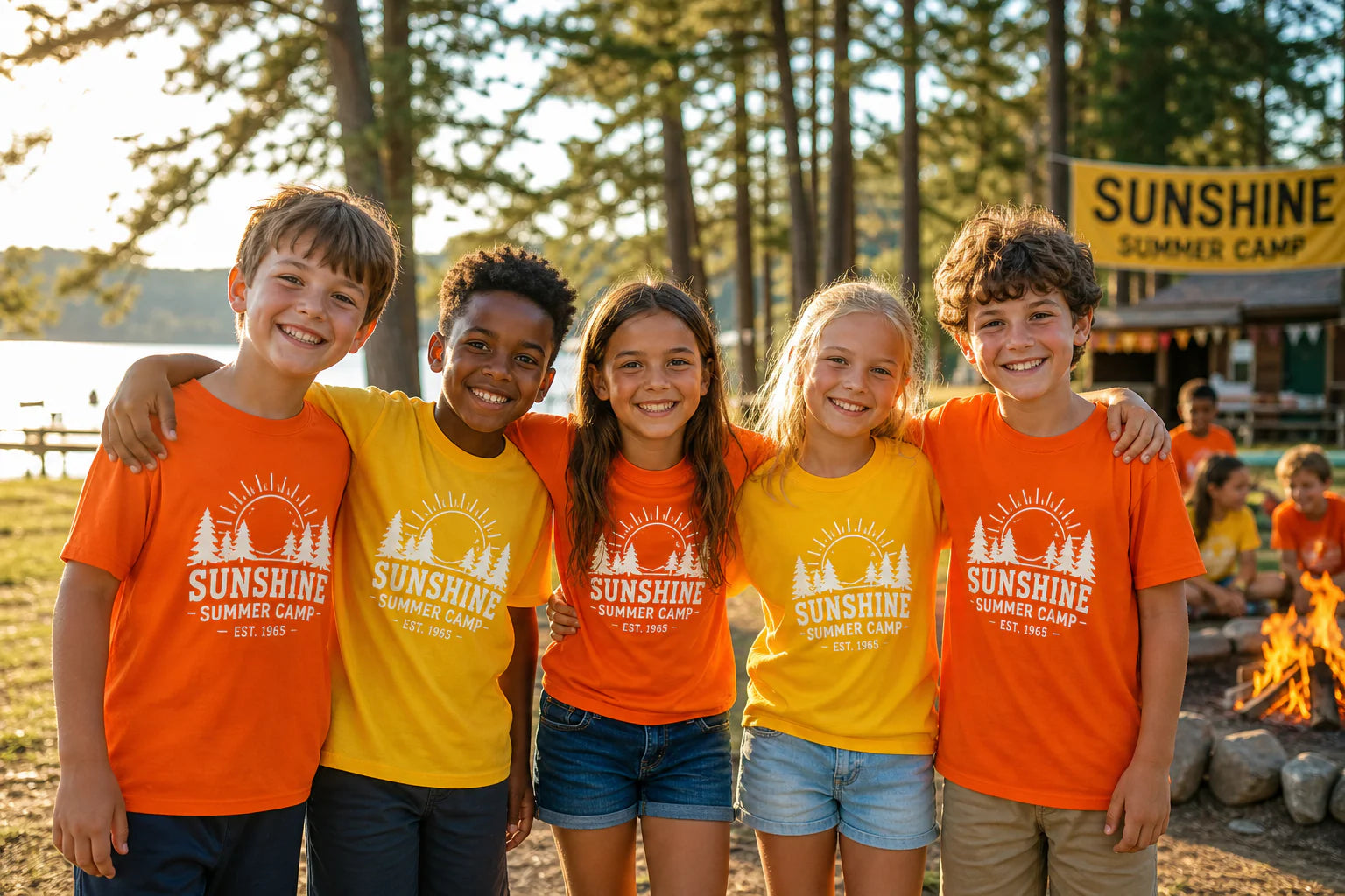 Kids wearing custom summer camp t-shirts in Orange County