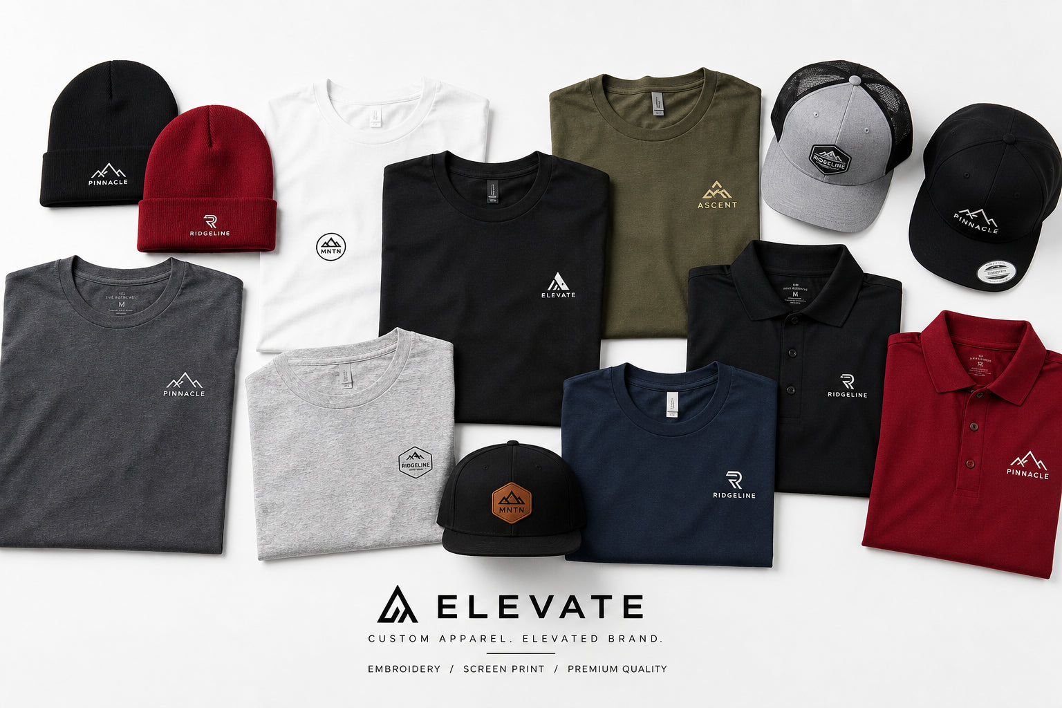 Custom branded apparel - beanies, t-shirts, polos, snapbacks with embroidered and screen printed logos