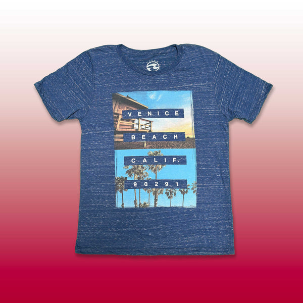 Custom screen printed blue heather t-shirt with Venice Beach California 90291 photo collage design