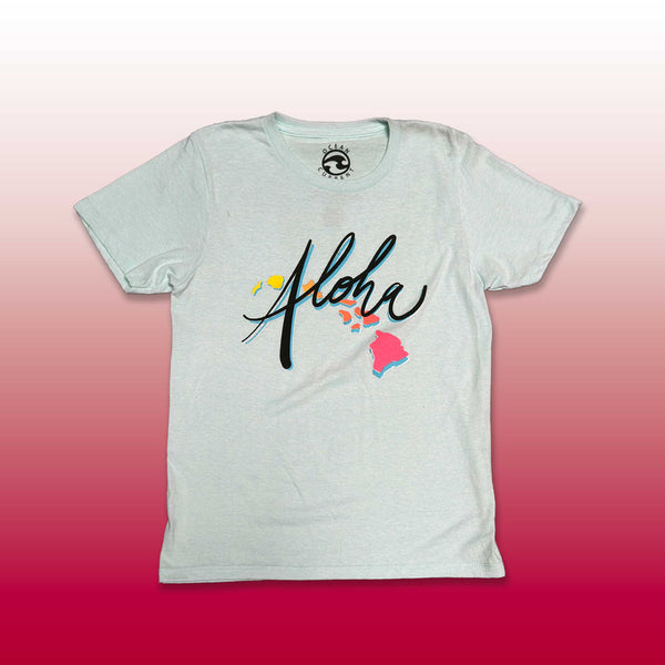 Custom screen printed light gray t-shirt with Aloha script and Hawaiian islands design