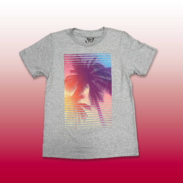 Custom screen printed gray heather t-shirt with palm tree sunset horizontal lines graphic