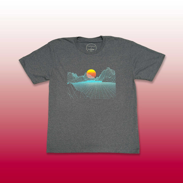 Custom screen printed dark gray t-shirt with retro synthwave sunset mountain wireframe grid