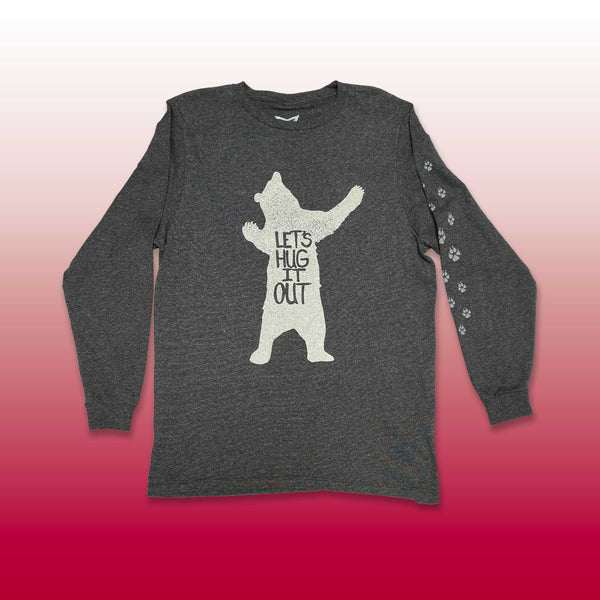 Custom screen printed dark gray long sleeve with Lets Hug It Out bear design and paw prints on sleeve