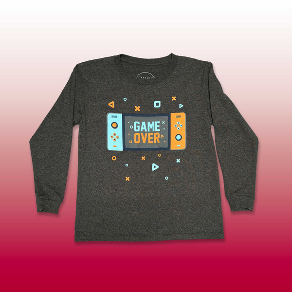 Custom screen printed dark gray long sleeve with Game Over retro gaming controllers graphic