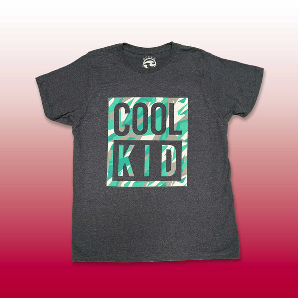 Custom screen printed dark gray t-shirt with Cool Kid tropical leaf pattern typography