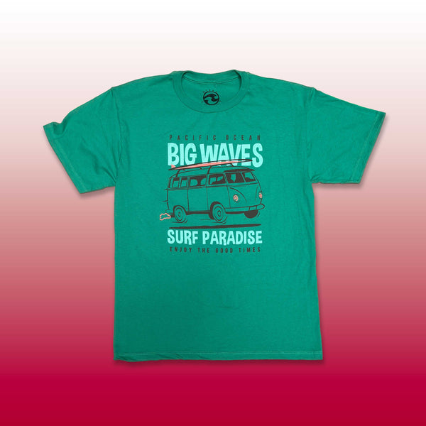 Custom screen printed green t-shirt with Big Waves Surf Paradise VW van graphic