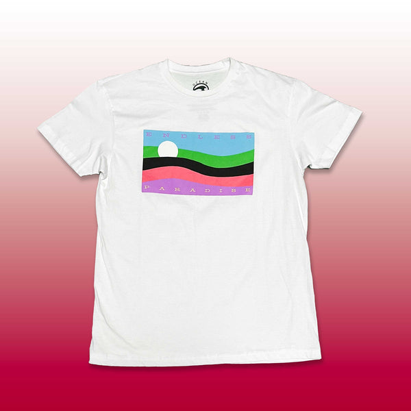 Custom screen printed white t-shirt with minimal colorful landscape sunset art