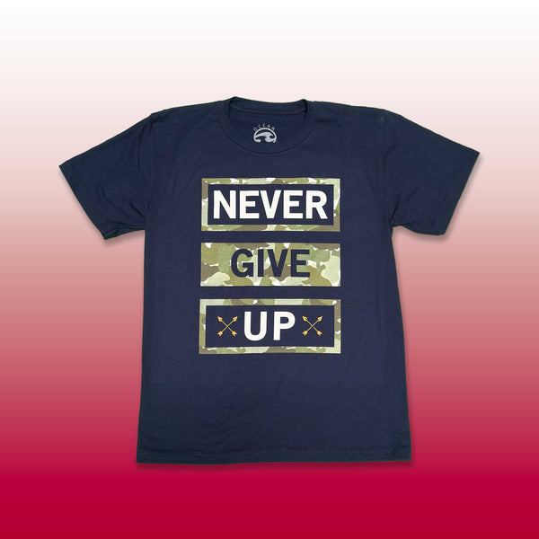 Custom screen printed navy t-shirt with Never Give Up camo text block design