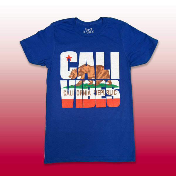 Custom screen printed royal blue t-shirt with Cali Vibes California Republic bear flag design