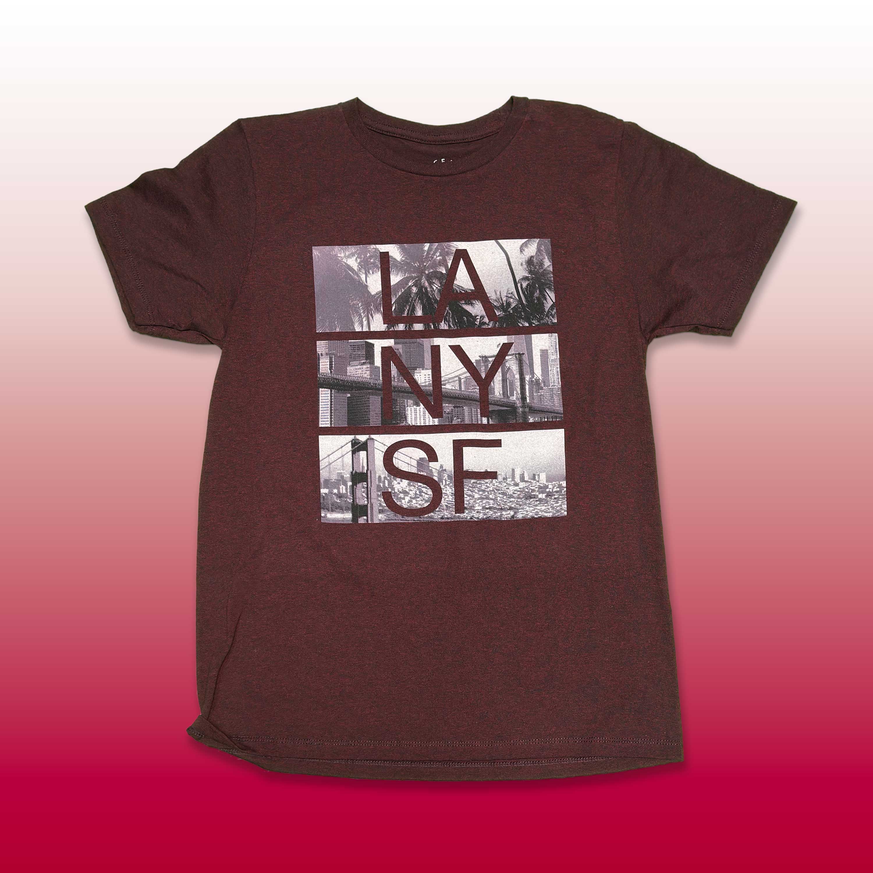 Brown t-shirt with cityscape design on a gradient background