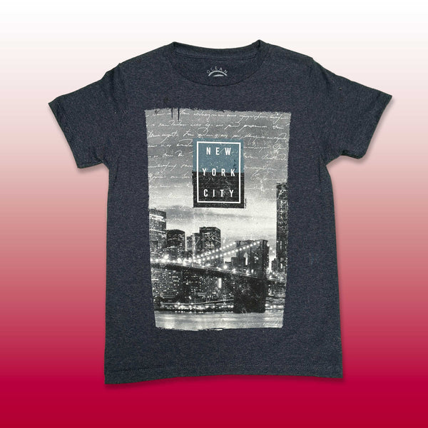 Custom screen printed dark gray t-shirt with New York City Brooklyn Bridge nightscape