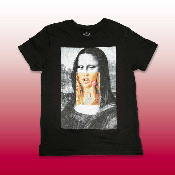 Custom screen printed black t-shirt with Mona Lisa modern pop art mash-up design