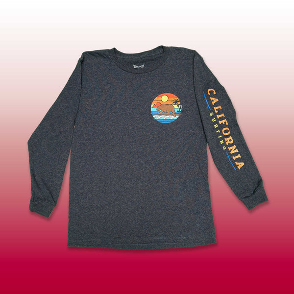 Custom screen printed dark gray long sleeve with California sunset circle badge and sleeve text