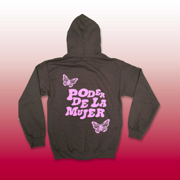 Custom screen printed dark hoodie back with Poder De La Mujer pink butterfly design