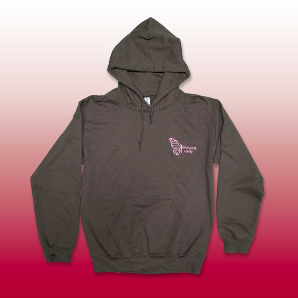 Custom screen printed dark hoodie front with pink butterfly chest logo
