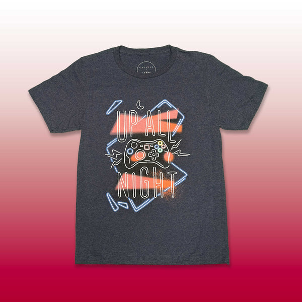 Custom screen printed dark gray t-shirt with Up All Night neon gaming controller design