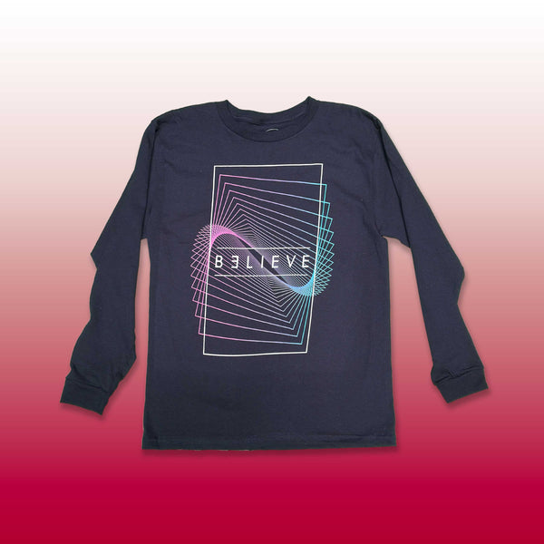 Custom screen printed navy long sleeve with Believe infinity neon geometric design