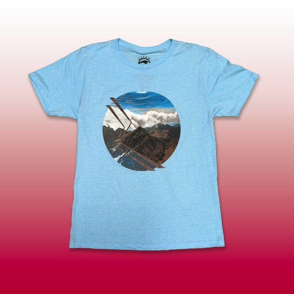 Custom screen printed light blue t-shirt with mountain landscape circular graphic