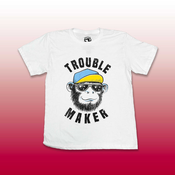 Custom screen printed white t-shirt with Trouble Maker monkey wearing sunglasses and hat