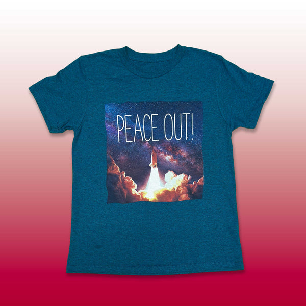 Custom screen printed teal t-shirt with Peace Out rocket launch space graphic