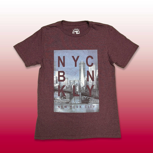 Custom screen printed dark brown t-shirt with tropical sunset circle palm trees and waves