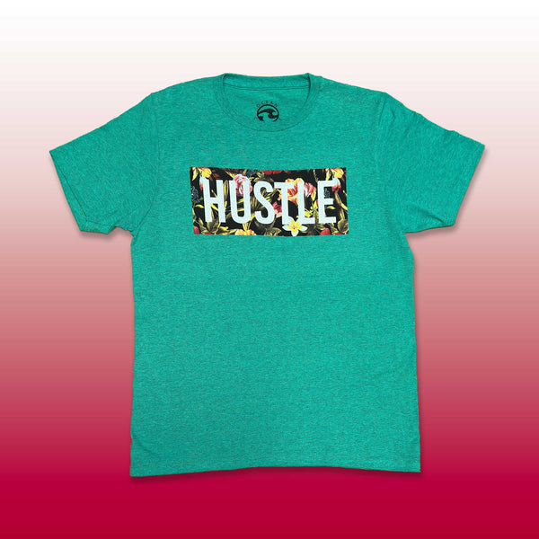 Custom screen printed green t-shirt with HUSTLE floral box typography design