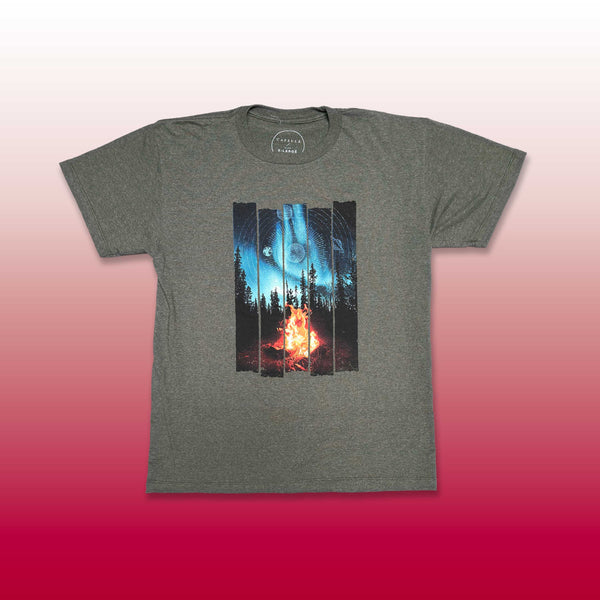 Custom screen printed olive gray t-shirt with campfire night forest panel art