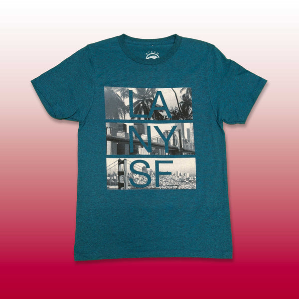 Custom screen printed teal t-shirt with LA NY SF city skyline photo typography