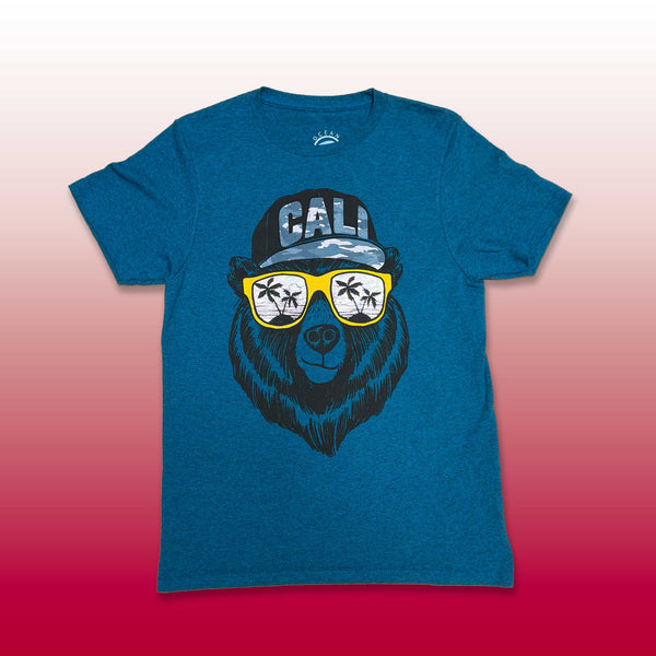 Custom screen printed teal t-shirt with California bear wearing hat and sunglasses