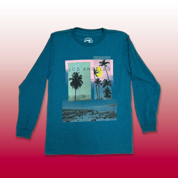 Custom screen printed teal long sleeve shirt with Los Angeles palm trees sunset graphic