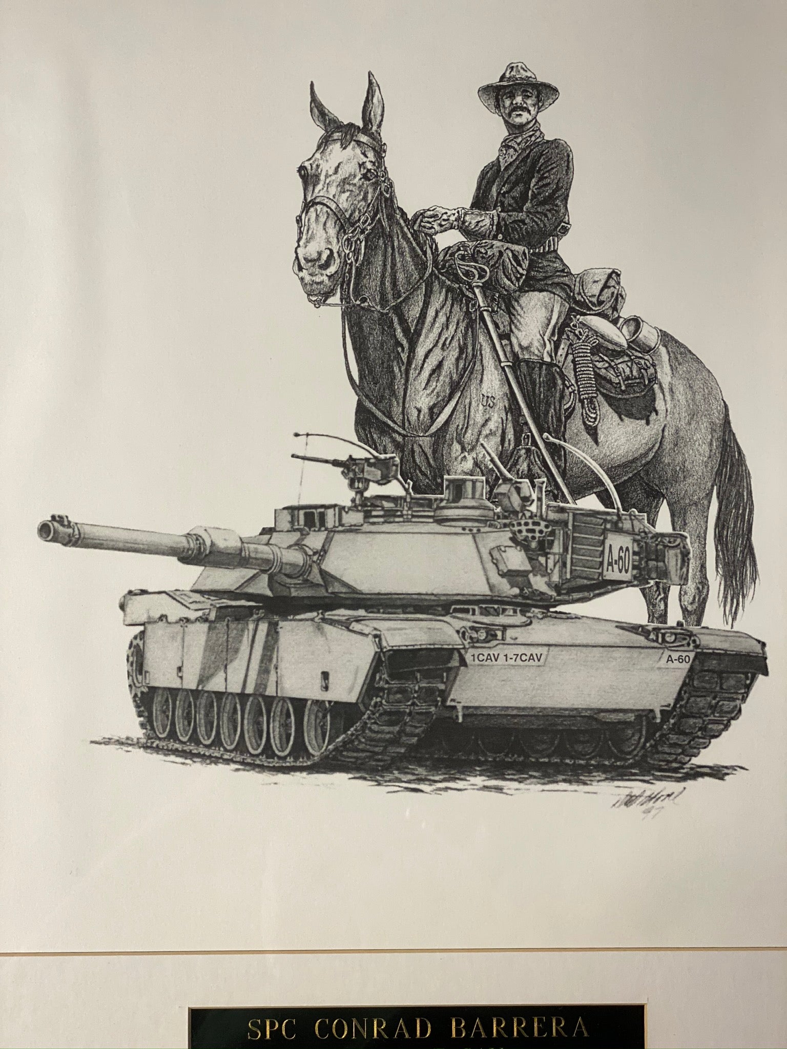 Illustration of a tank with a horse and rider on top, labeled 'Spc Conrad Barrera'.