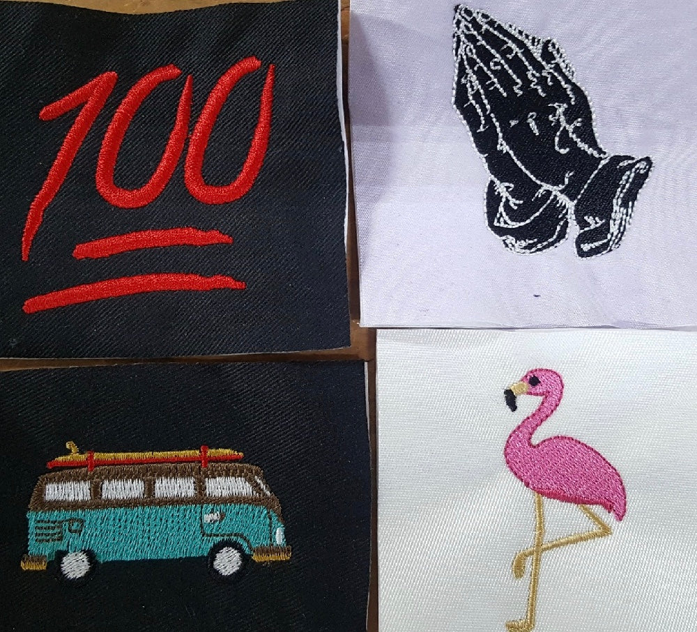 Four embroidered patches: '100', praying hands, a van, and a flamingo, on different backgrounds.