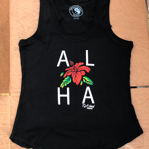 Black tank top with 'ALHA' design on a cardboard background