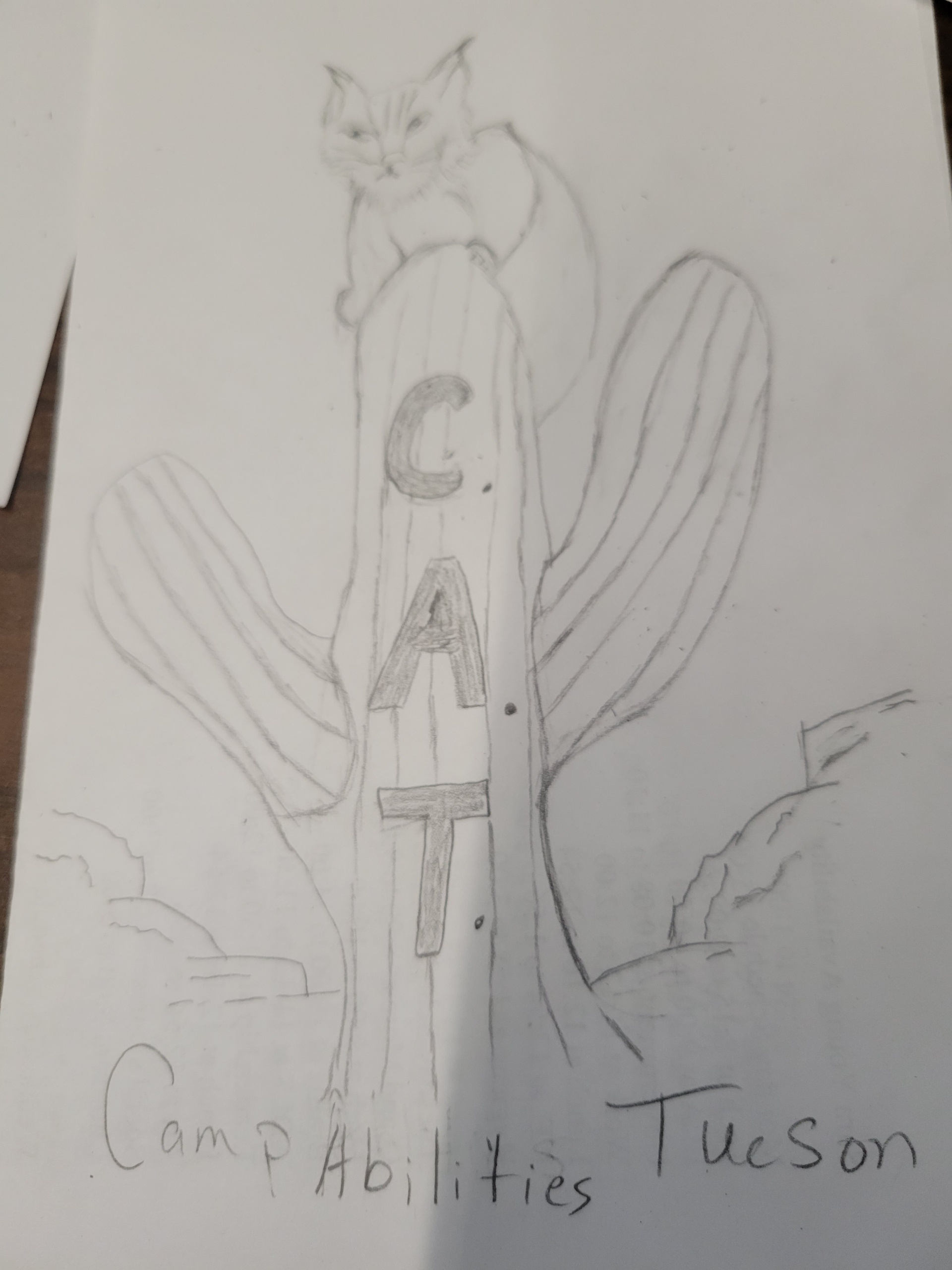 Hand-drawn illustration of a cactus with 'CAT' and 'Camp Abilities Tucson' text on a white background.