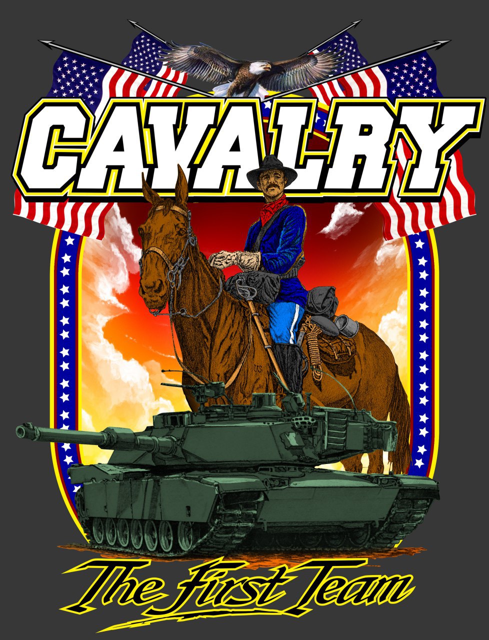 T-shirt design with a cowboy on horseback, tank, and American flags, featuring the word 'Cavalry' and 'The First Team'.